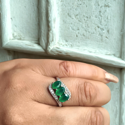 Triple Emerald Gemstone 925 Silver Ring