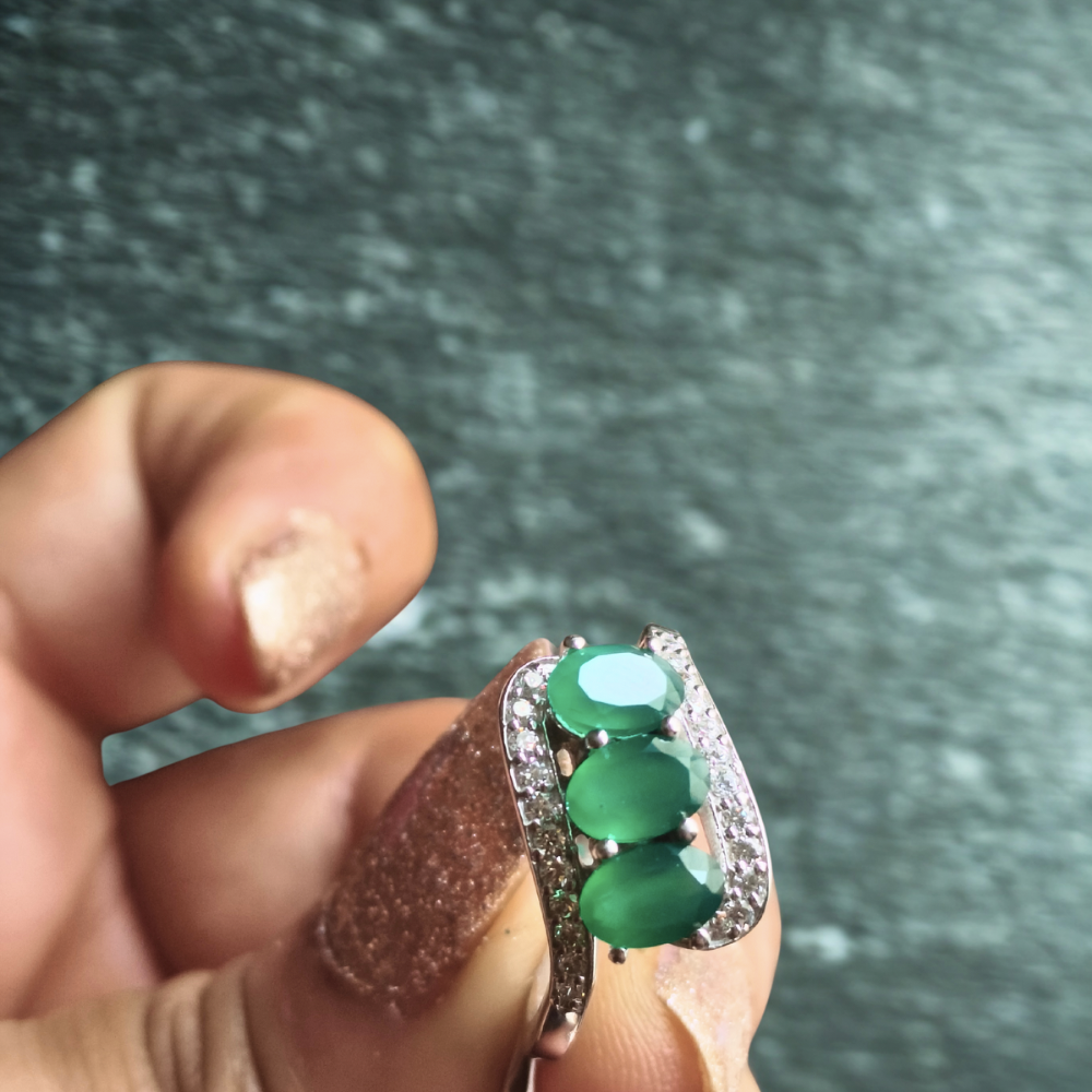 Triple Emerald Gemstone 925 Silver Ring
