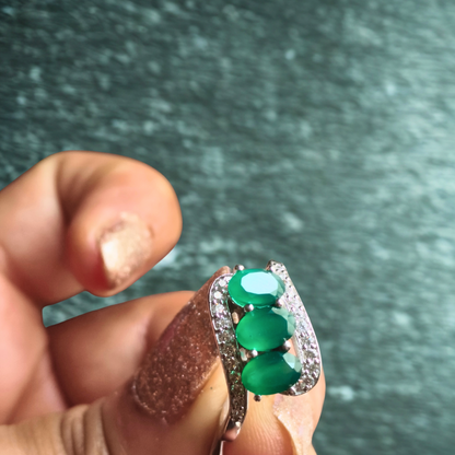 Triple Emerald Gemstone 925 Silver Ring