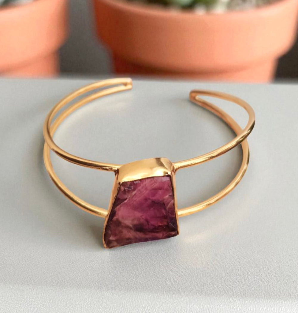 Gold Plated Raw Amethyst Gemstone cuff Bracelet
