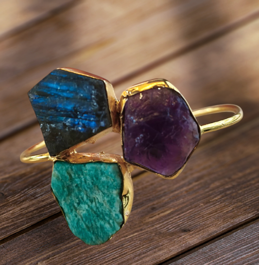 Gold Plated Raw Multi Gemstone cuff Bracelet