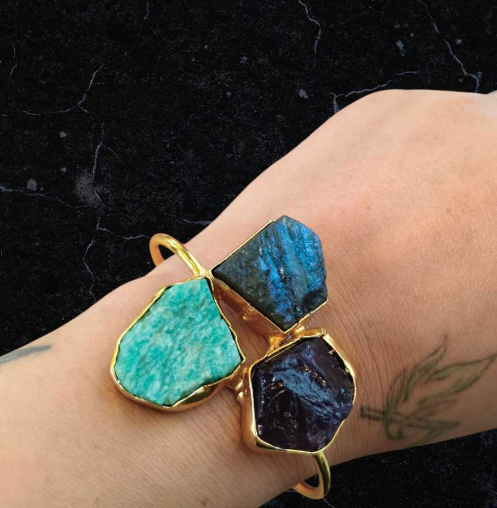 Gold Plated Raw Multi Gemstone cuff Bracelet