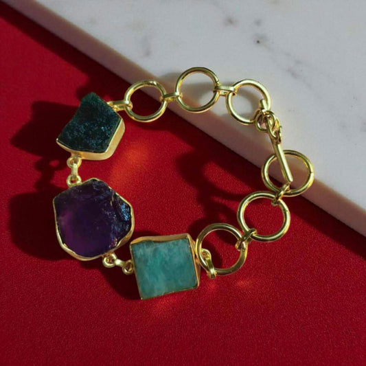 Gold Plated Raw Multi Gemstone Chain Bracelet