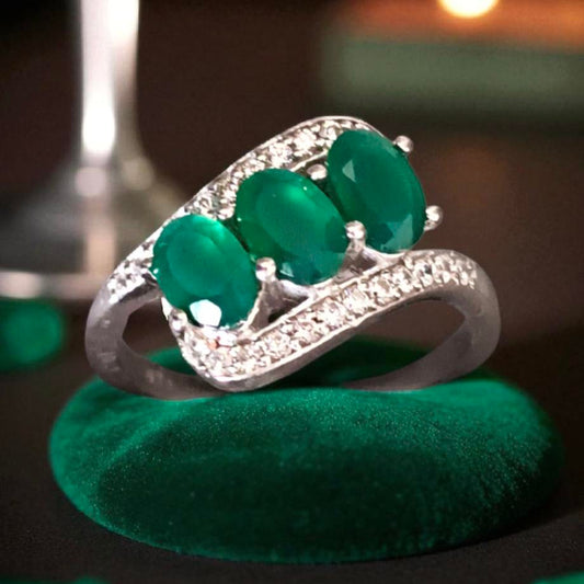 Triple Emerald Gemstone 925 Silver Ring