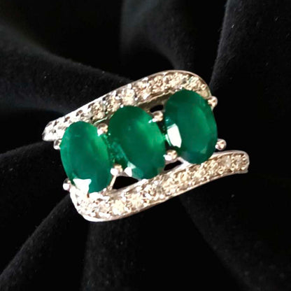 Triple Emerald Gemstone 925 Silver Ring
