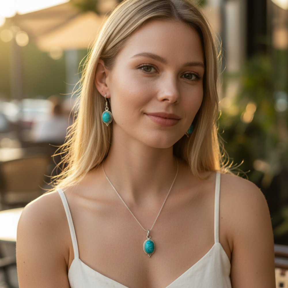 Natural Turquoise German silver Pendant Set style-1
