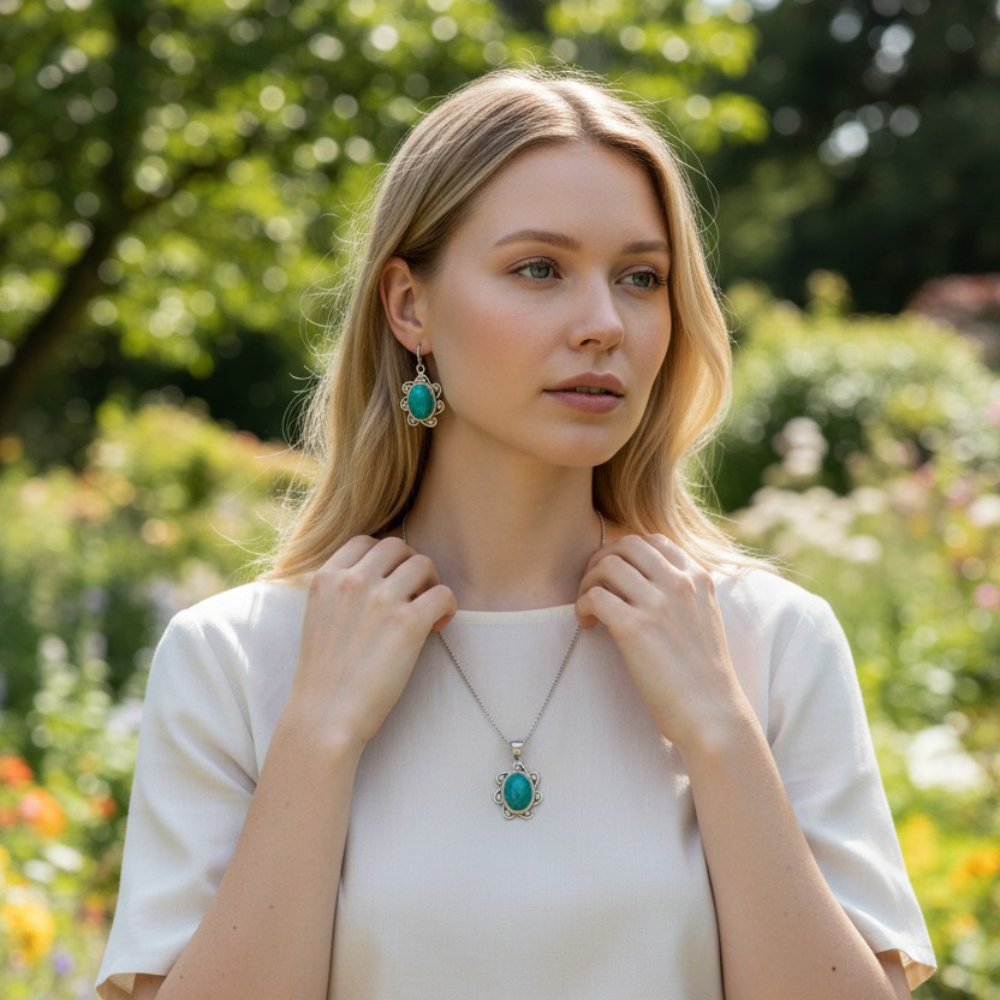 Natural Turquoise German silver Pendant Set style-2