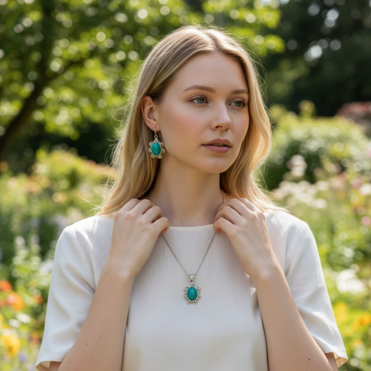 Natural Turquoise German silver Pendant Set style-2