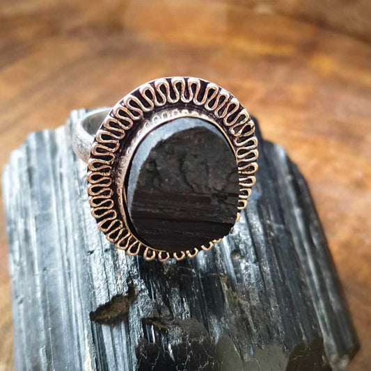 Raw Black Tourmaline German Silver Adjustable Ring