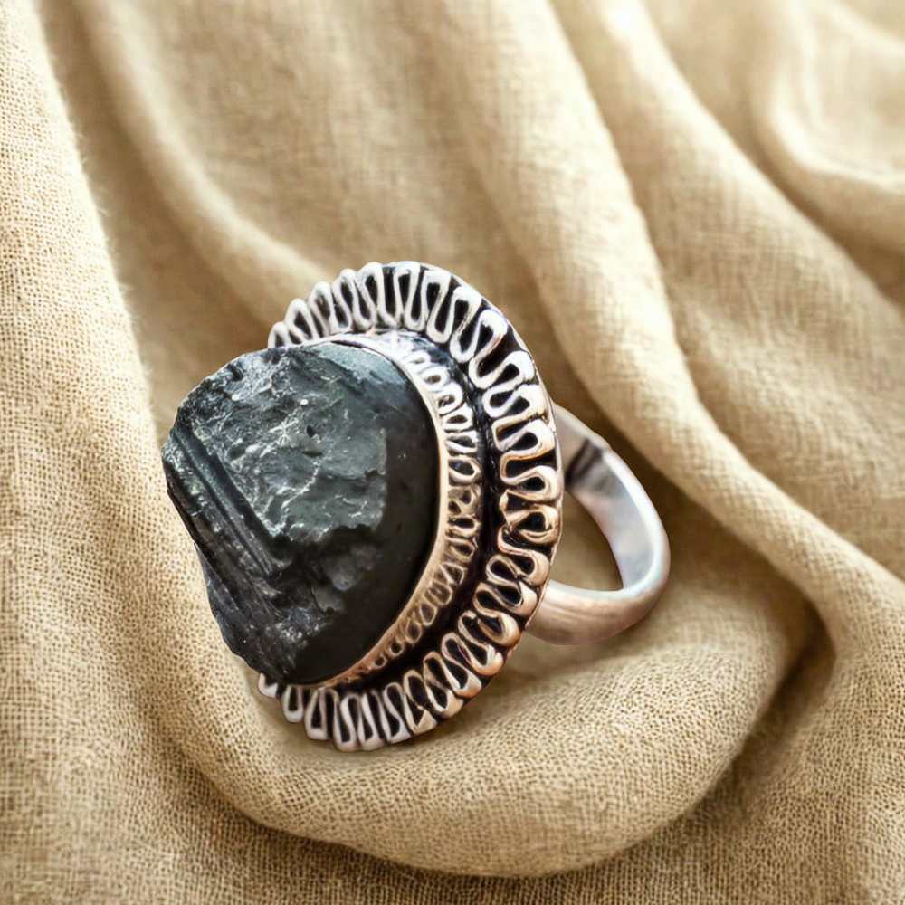 Raw Black Tourmaline German Silver Adjustable Ring