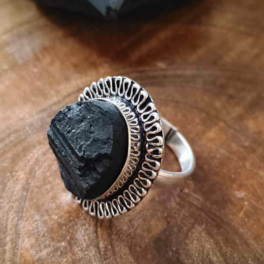 Raw Black Tourmaline German Silver Adjustable Ring