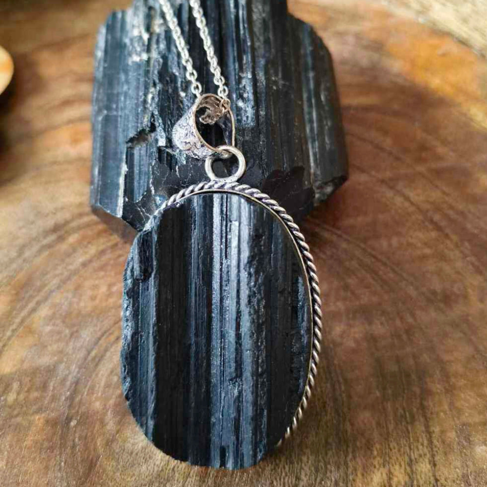 Raw Black Tourmaline Raw Oval Pendant