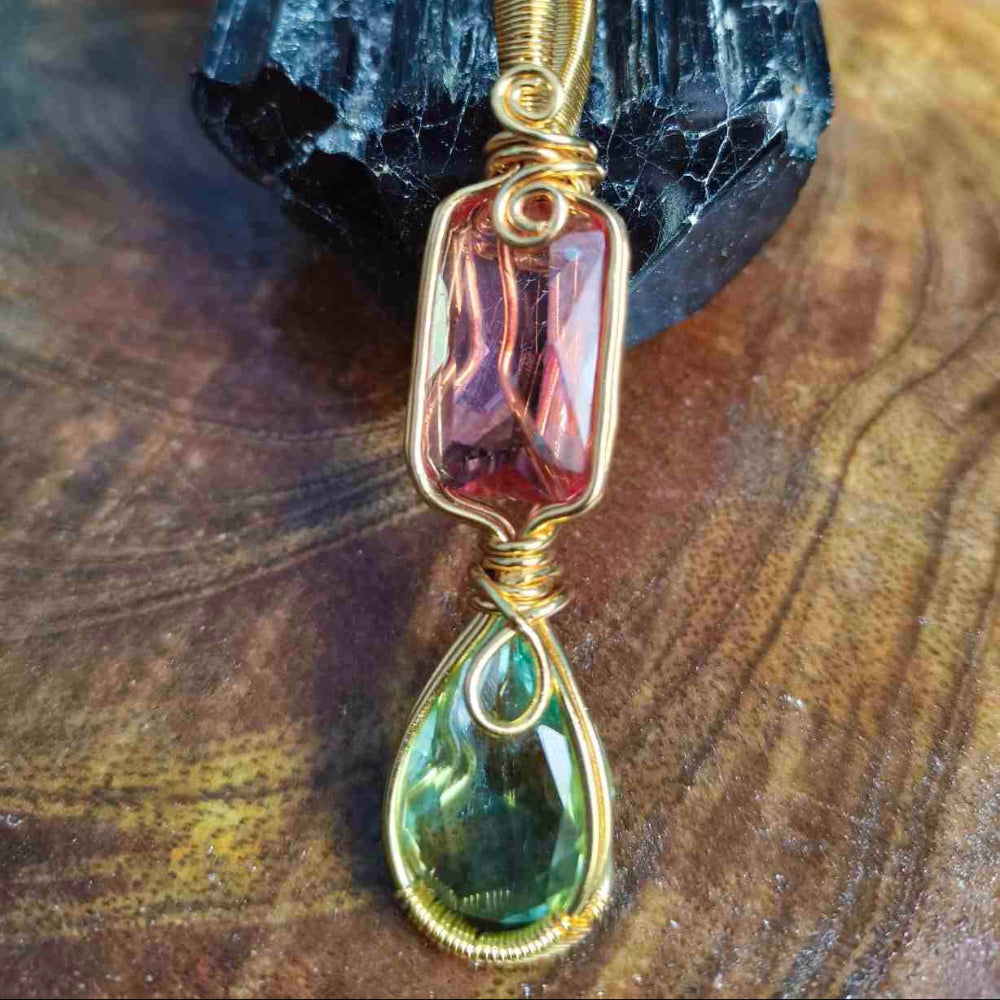 Rose Quartz & Green Aventurine 18K Gold Plated Pendant With 18Inch Chain