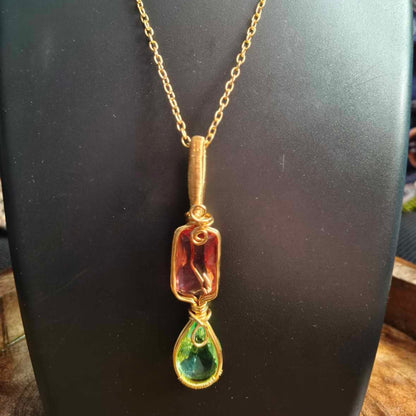 Rose Quartz & Green Aventurine 18K Gold Plated Pendant With 18Inch Chain