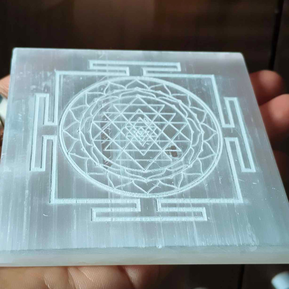 Natural Selenite Charging Plate with Sri graved yantra
