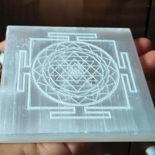 Natural Selenite Charging Plate with Sri graved yantra