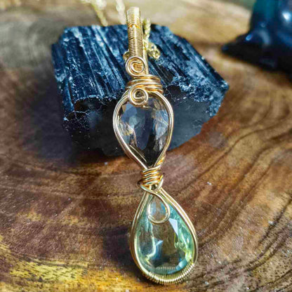 Smoky & Green Quartz Wire Rapped 18K Gold Plated Pendant With 18inch Chain