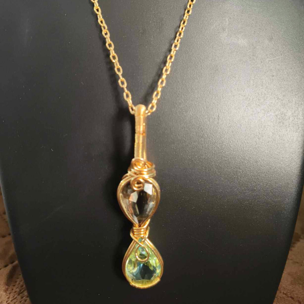 Smoky & Green Quartz Wire Rapped 18K Gold Plated Pendant With 18inch Chain