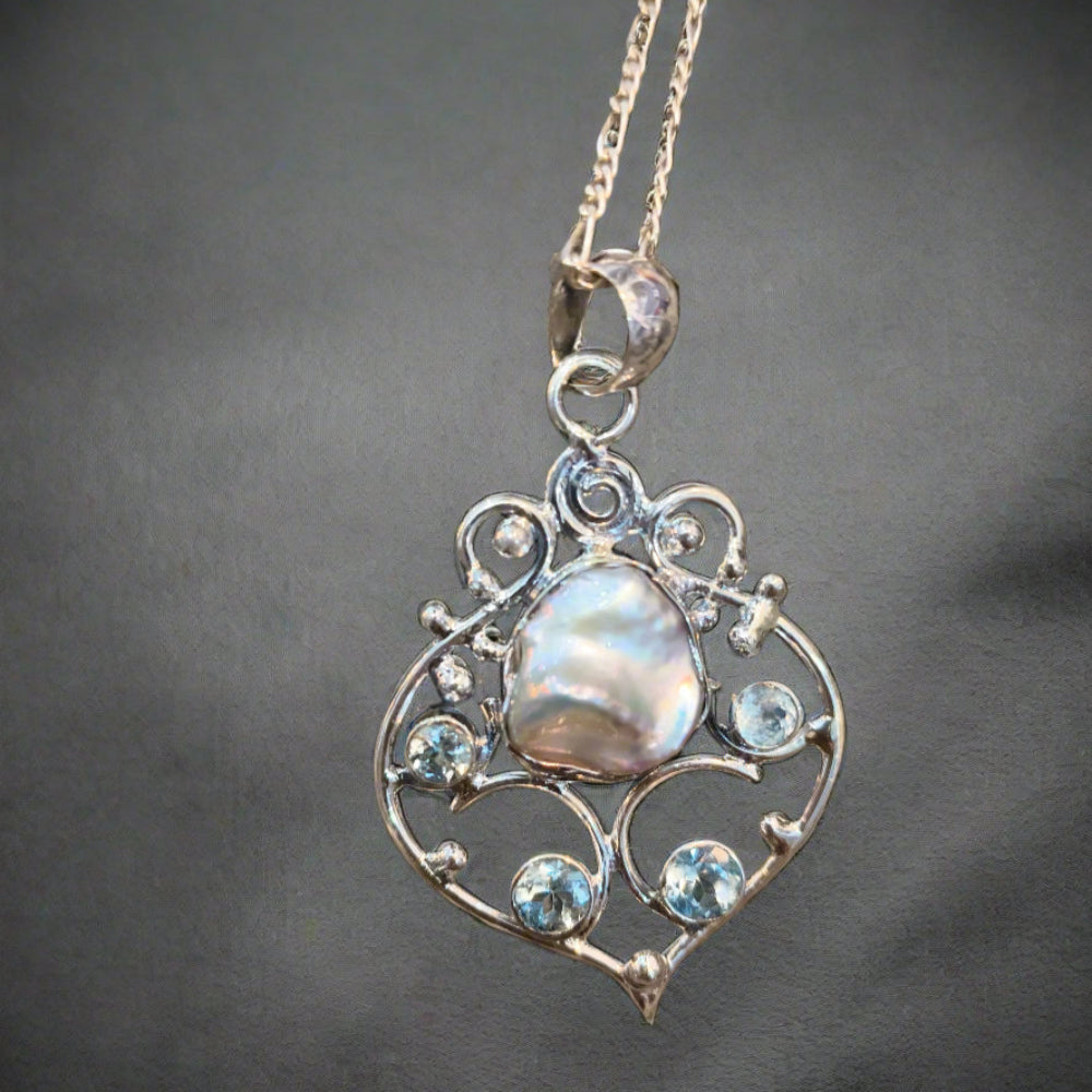 92.5 Sliver Pendant With Precious Mother Pearl And Blue Topaz