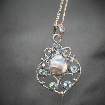 92.5 Sliver Pendant With Precious Mother Pearl And Blue Topaz