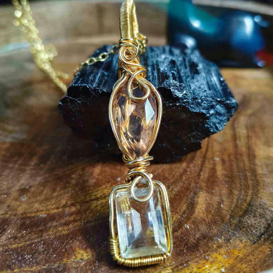 Sunstone & Clear Quartz Wire Rapped 18K Gold Plated Pendant With 18inch Chain