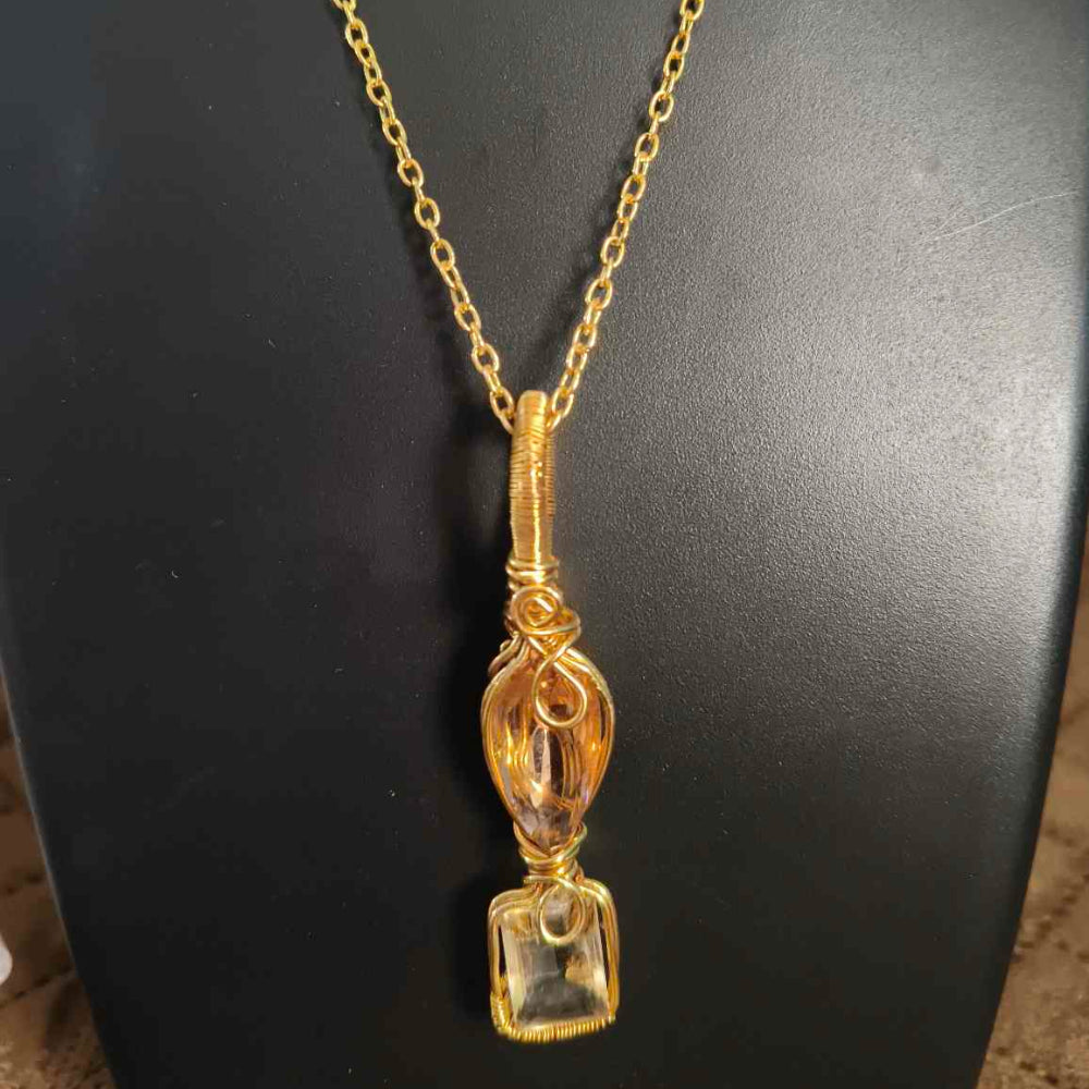 Sunstone & Clear Quartz Wire Rapped 18K Gold Plated Pendant With 18inch Chain