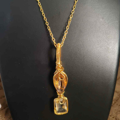 Sunstone & Clear Quartz Wire Rapped 18K Gold Plated Pendant With 18inch Chain
