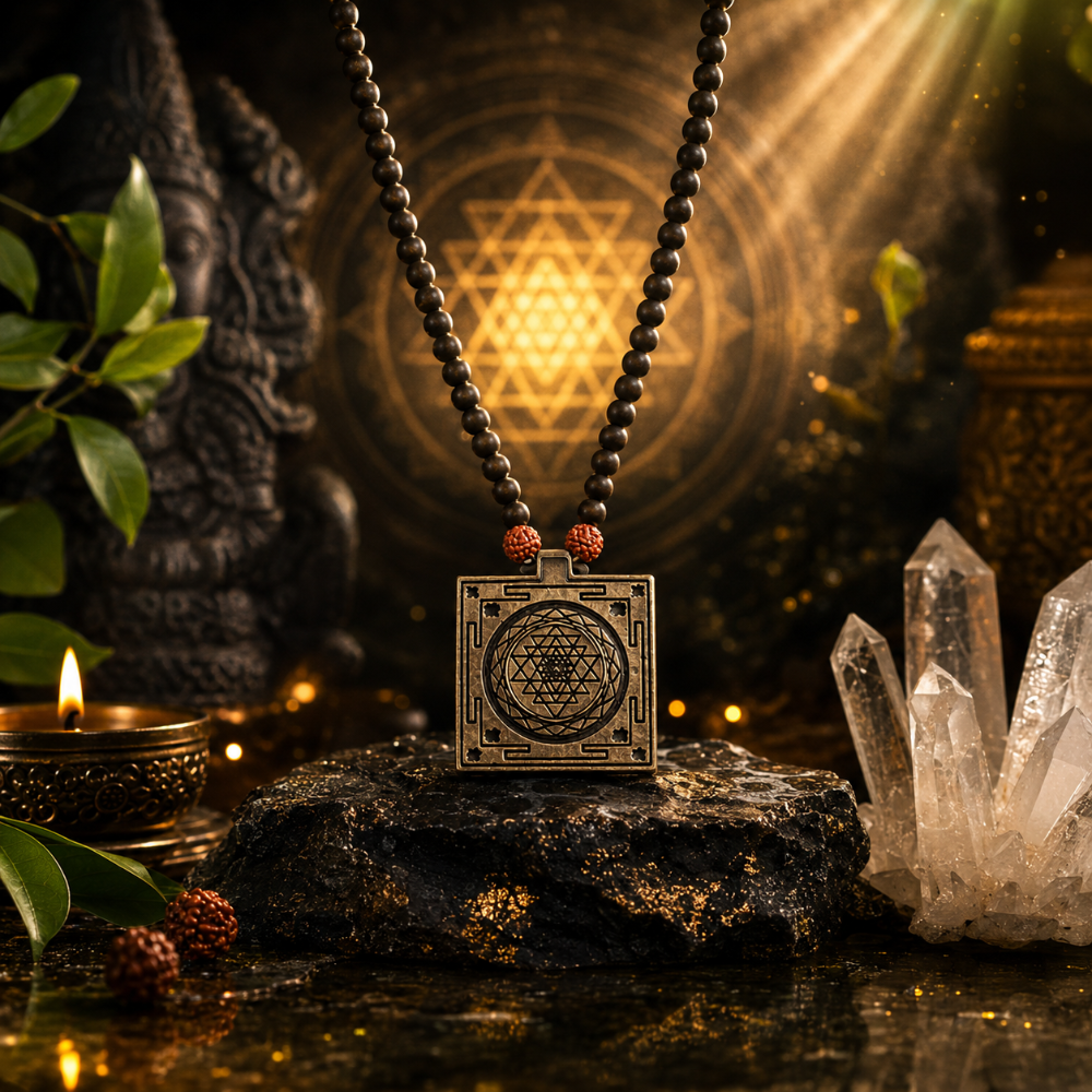 Karungali beads Sri Yantra plate Mala